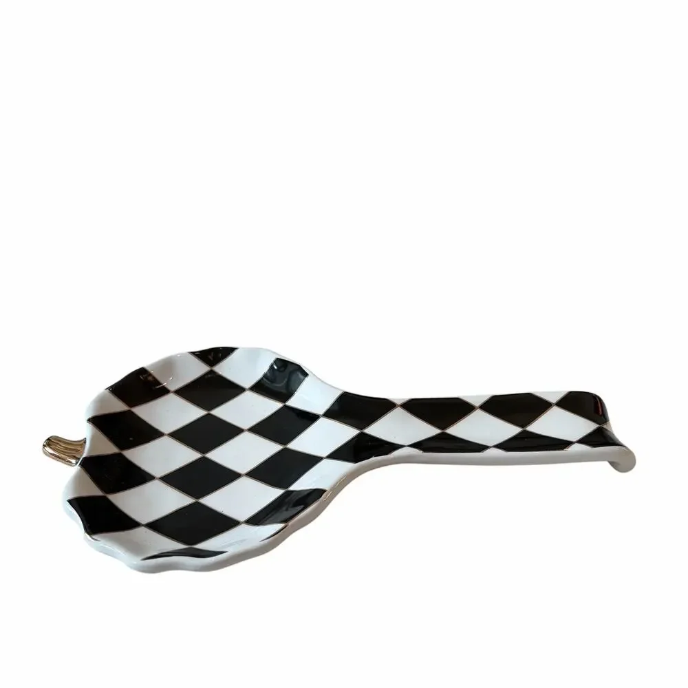 Black & White Harlequin Pumpkin Spoon Rest 10in Ceramic Checkered Halloween NEW